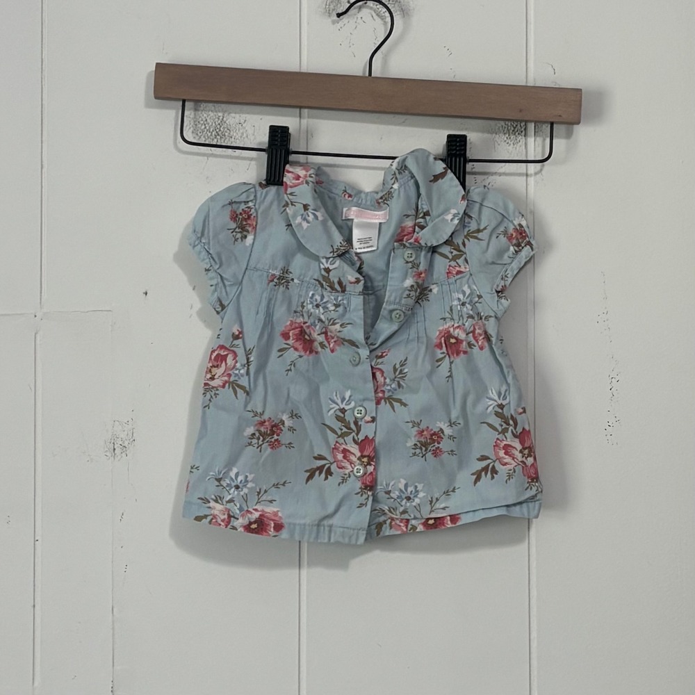 Janie and Jack Baby Girls Blue Floral Cotton Peter Pan Collar Blouse 6-12 Months